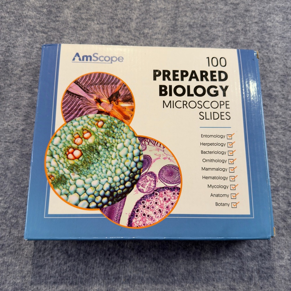 AmScope 100 Prepared Biology Microscope Slides Set with Wooden Case PS100W
